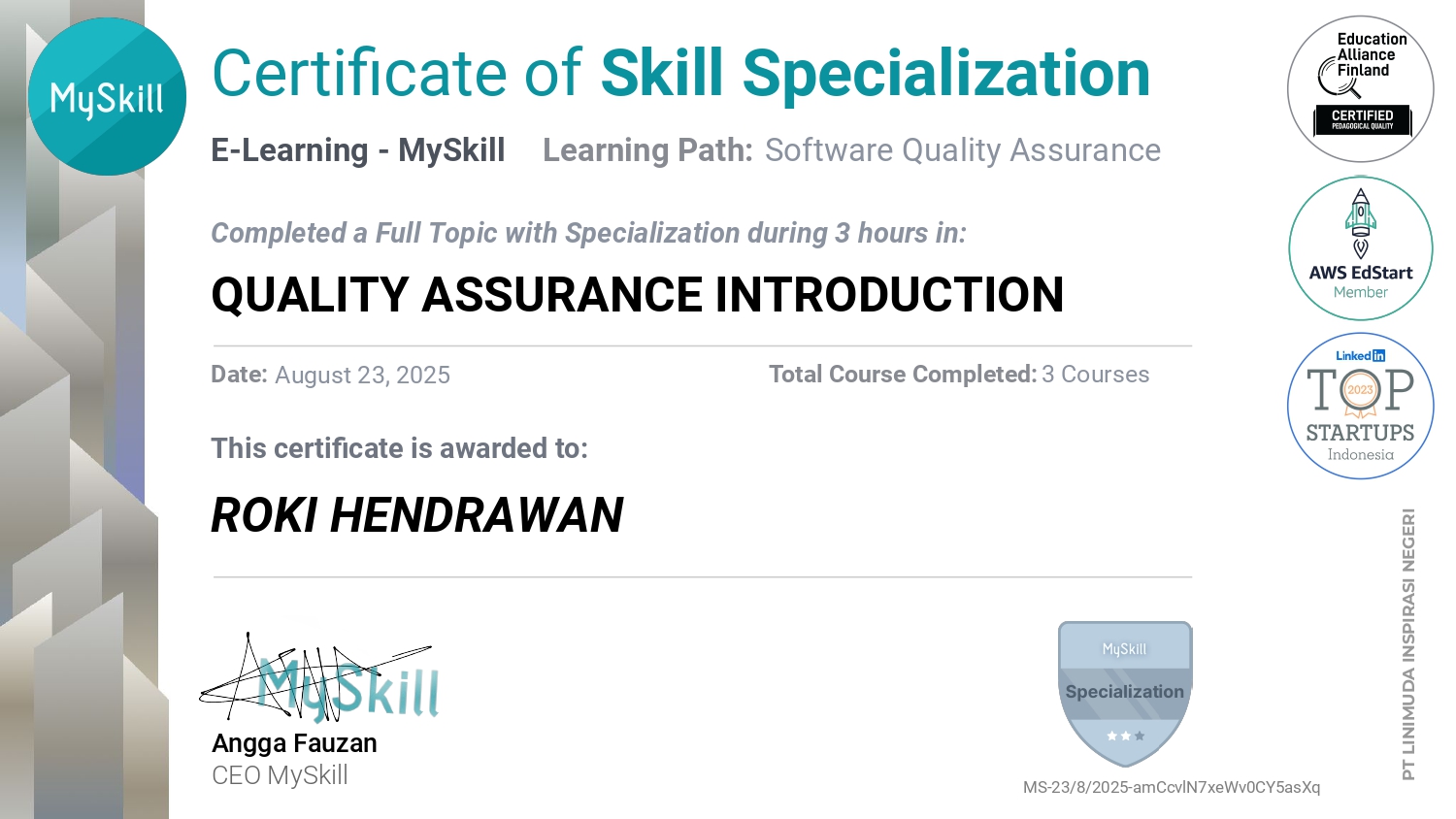 Sertifikat Software Quality Assurance oleh Roki Hendrawan